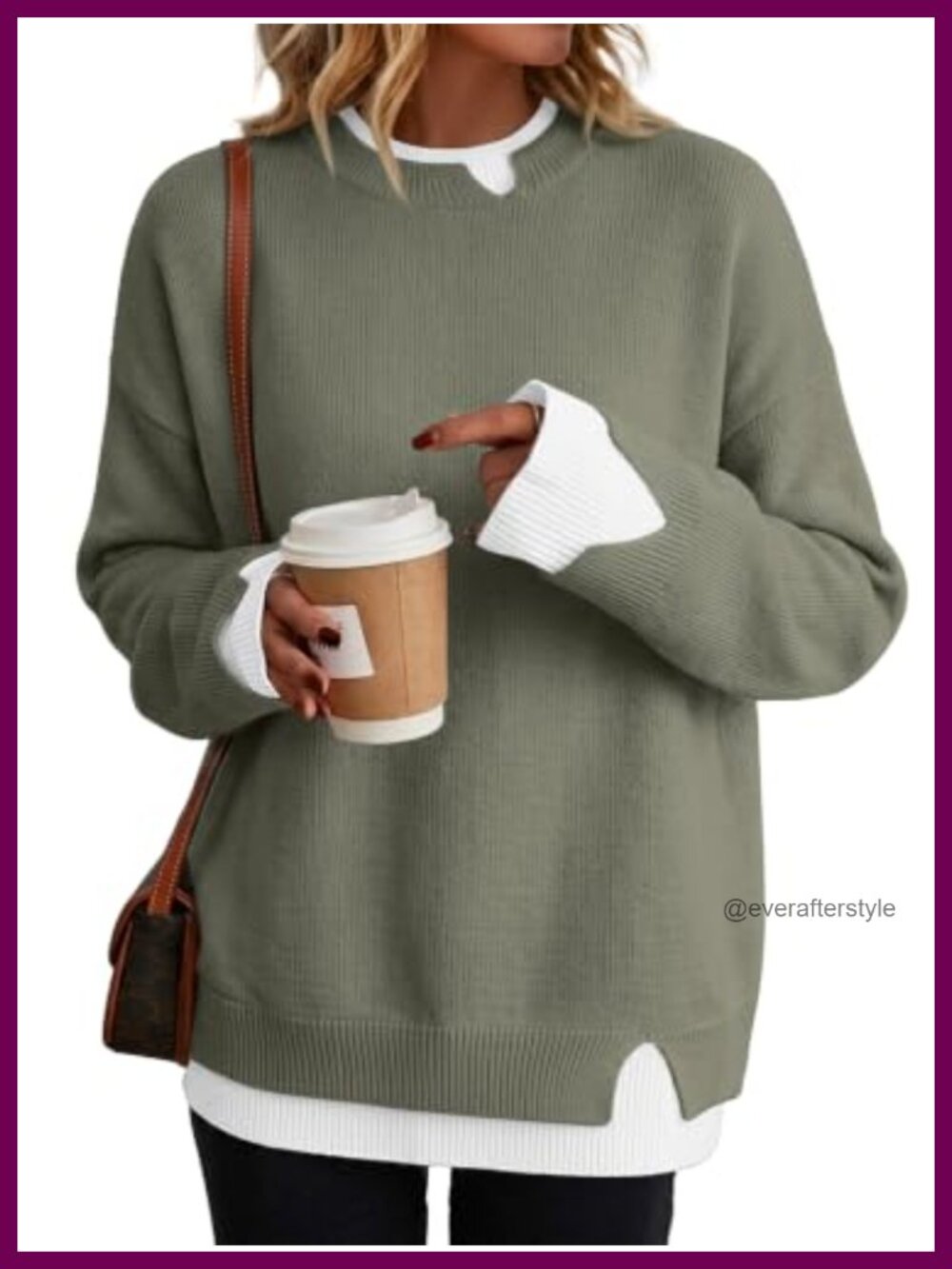 Oversized Patchwork Pullover Sweater Slit Cuffs Crew Neck